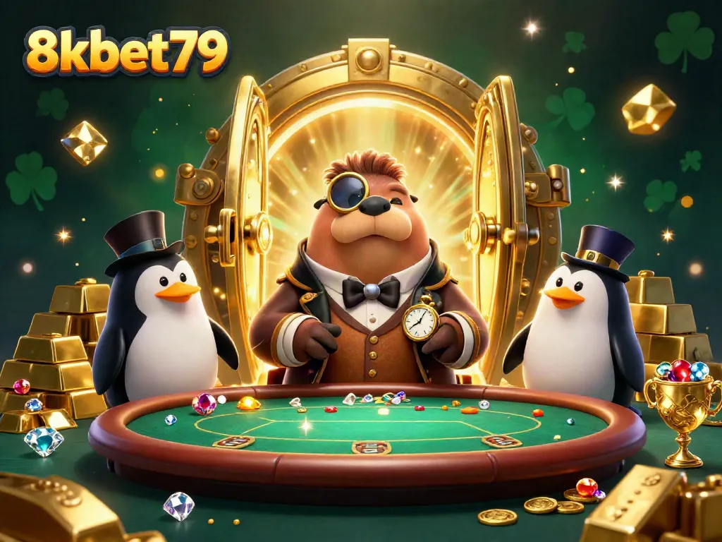 Join the fun at 8xbet79's underwater poker table with a jolly walrus, penguin dealer, and a bluffing pufferfish.