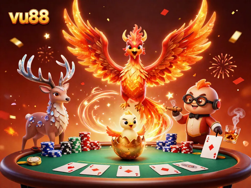 Experience the vibrant atmosphere of vu88 with a fiery phoenix, golden egg, and poker table.