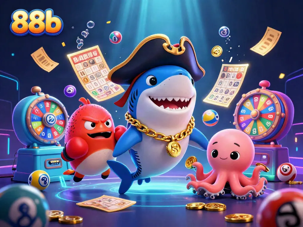 Play with 88b in this vibrant 3D scene featuring a shark captain and other thrilling elements!