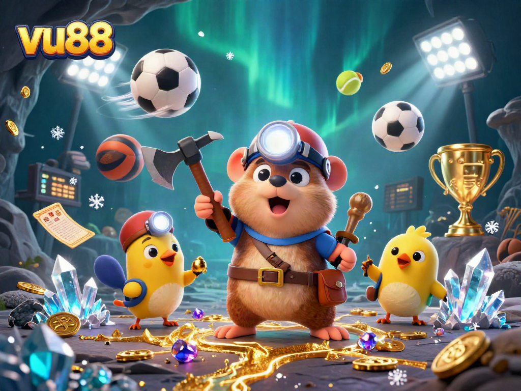 Engage with the thrilling vu88 sports betting adventure, featuring a treasure hunter in a gem-filled cave.