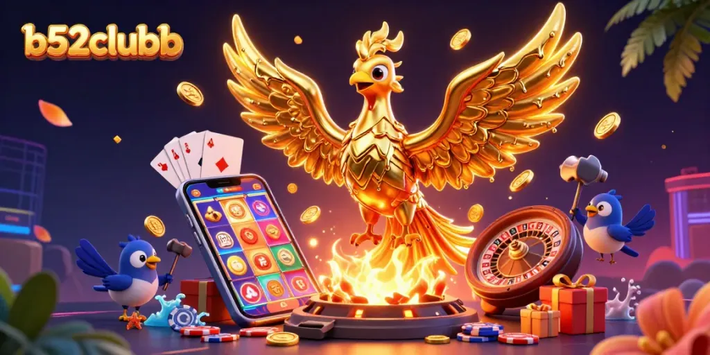 Engage with the vibrant 3D scene featuring b52clubb's golden phoenix and casino elements.