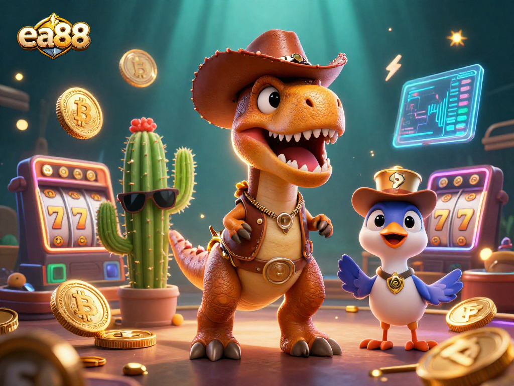 Join the action at ea88 with a T-Rex cowboy and friends in a vibrant casino scene featuring glowing crypto elements.