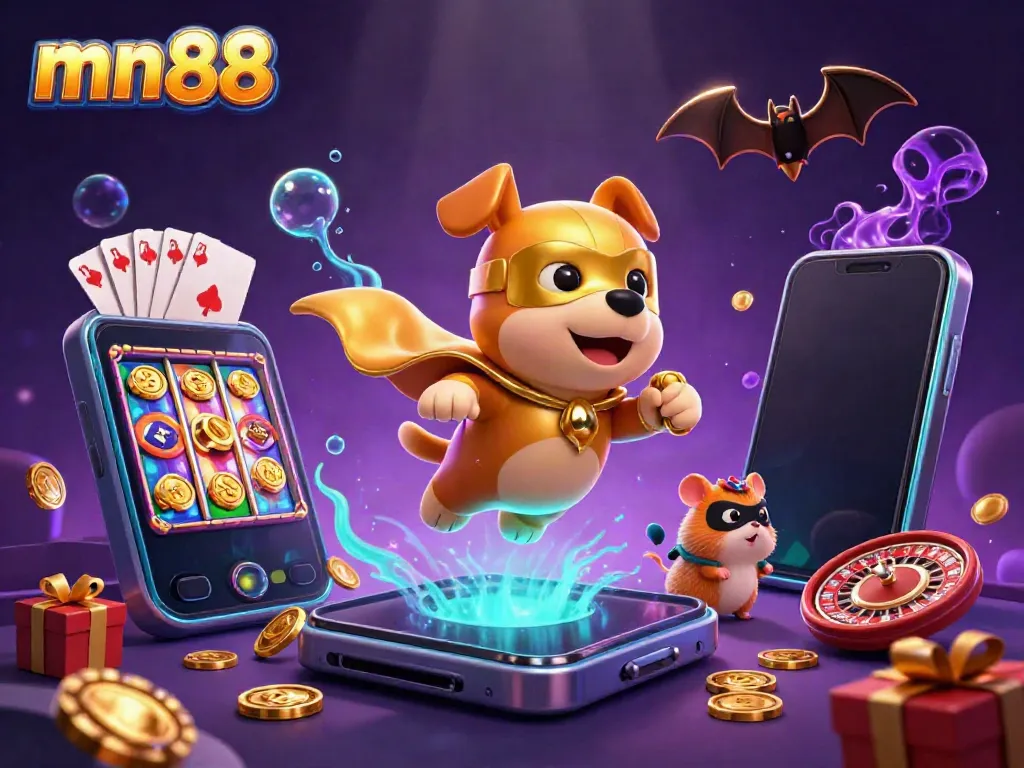 Engage with mn88's vibrant online gaming world, featuring a superhero dog flying with gold coins and gaming elements.