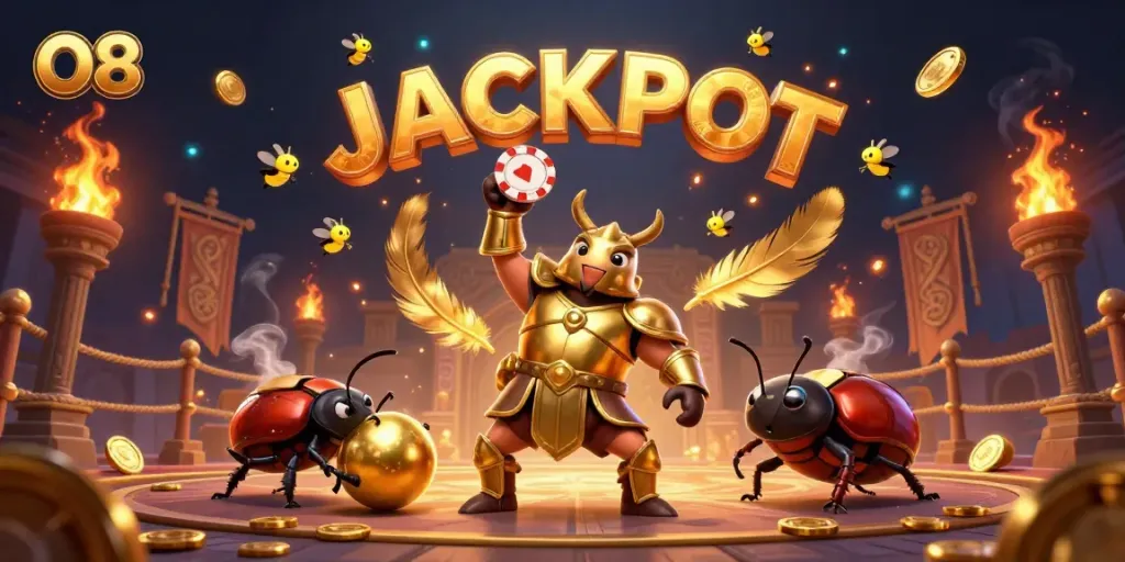 Experience O8 with the victorious hercules beetle in a vibrant casino-themed arena