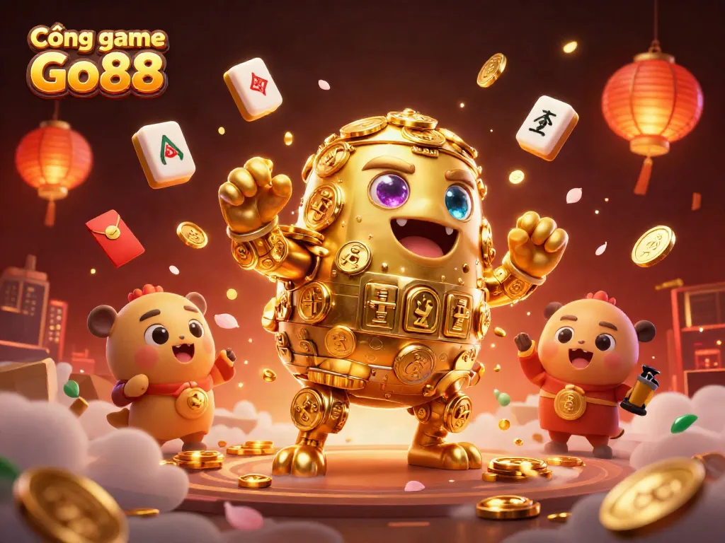 Cổng game Go88 features a golden golem surrounded by winning game elements for online casino enthusiasts.
