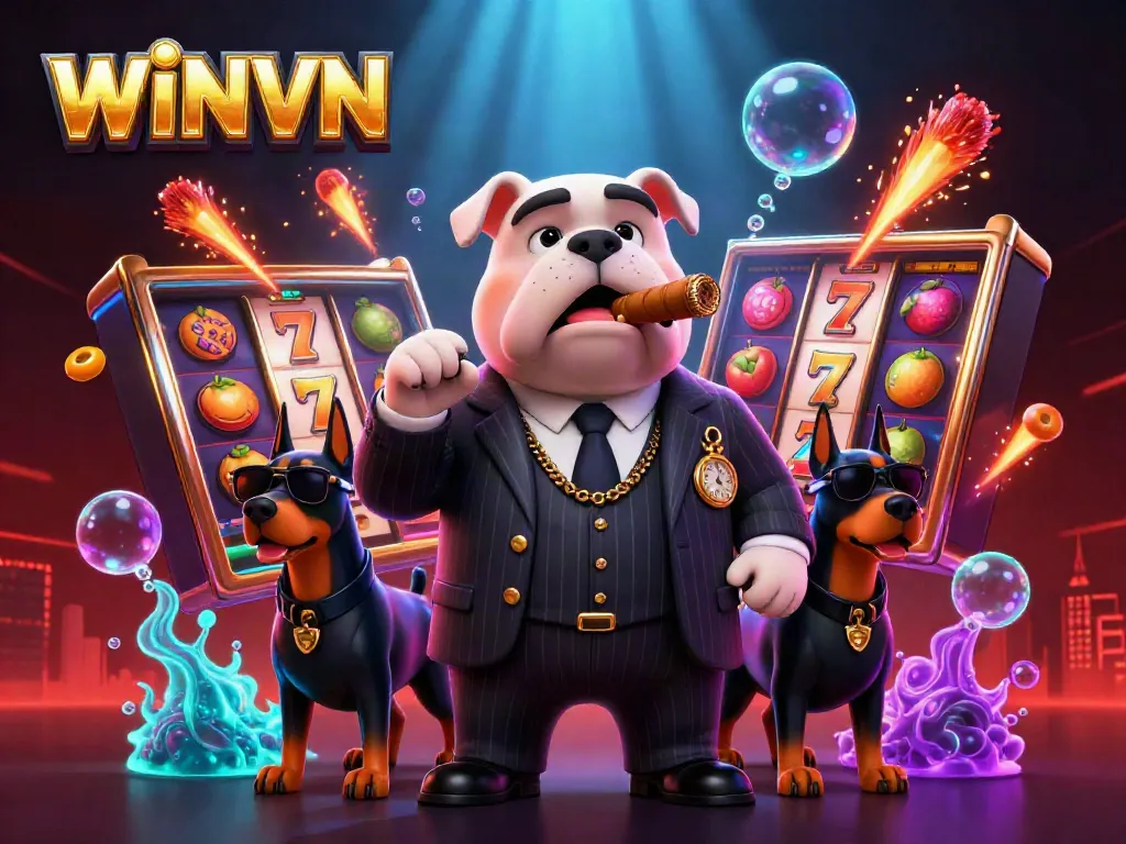 WINVN features a mafia bulldog and Doberman bodyguards amidst dazzling slot elements, embodying excitement.