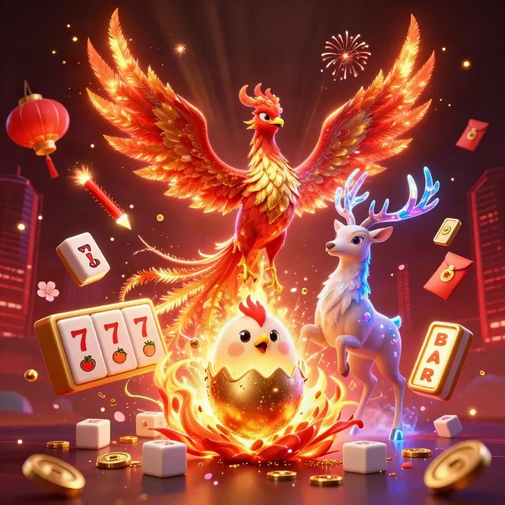 Phoenix, hatching baby phoenix, and crystalline stag amid casino symbols and glowing neon light.