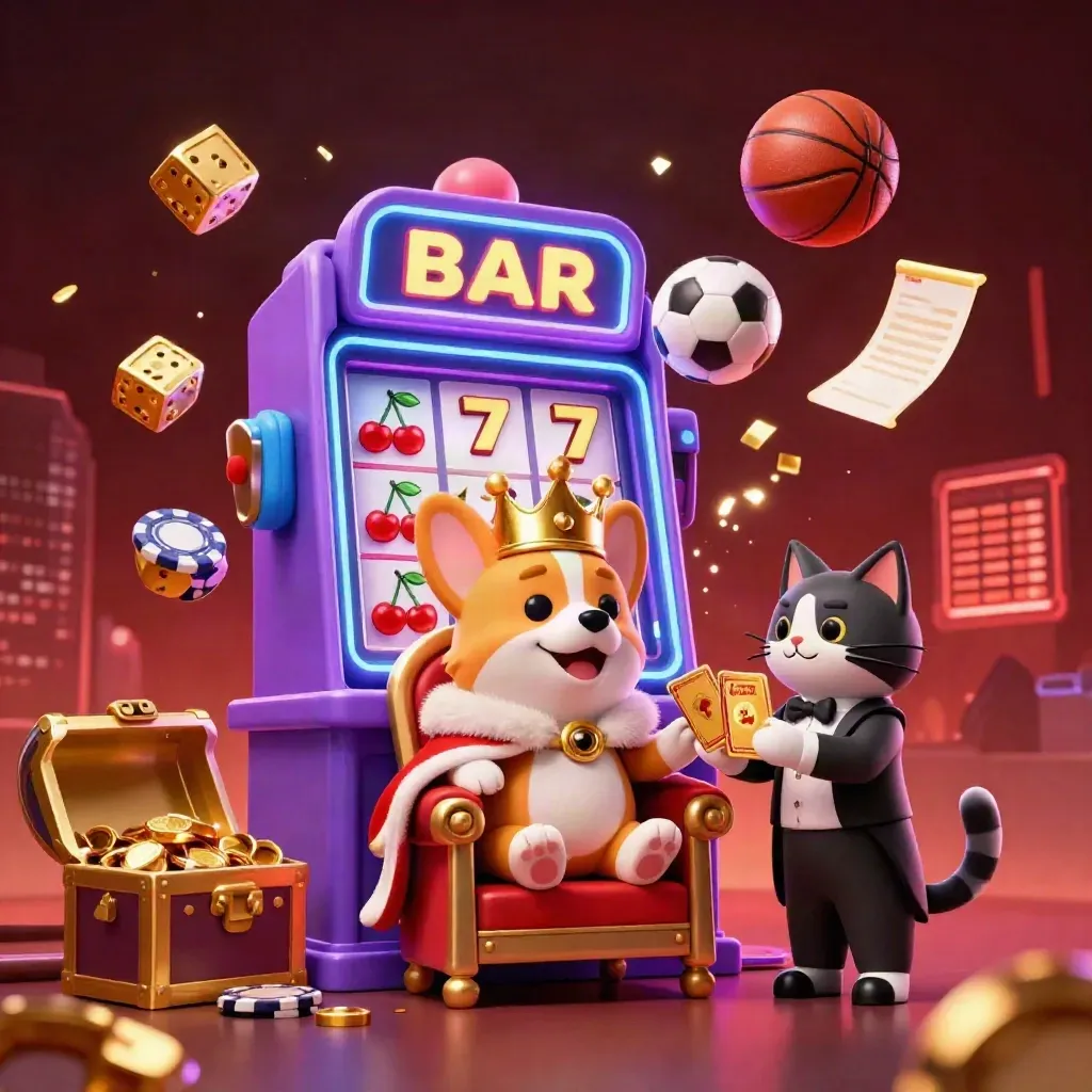 Corgi king and cat butler amid slot burst, flying sports balls, gold, and neon lights.