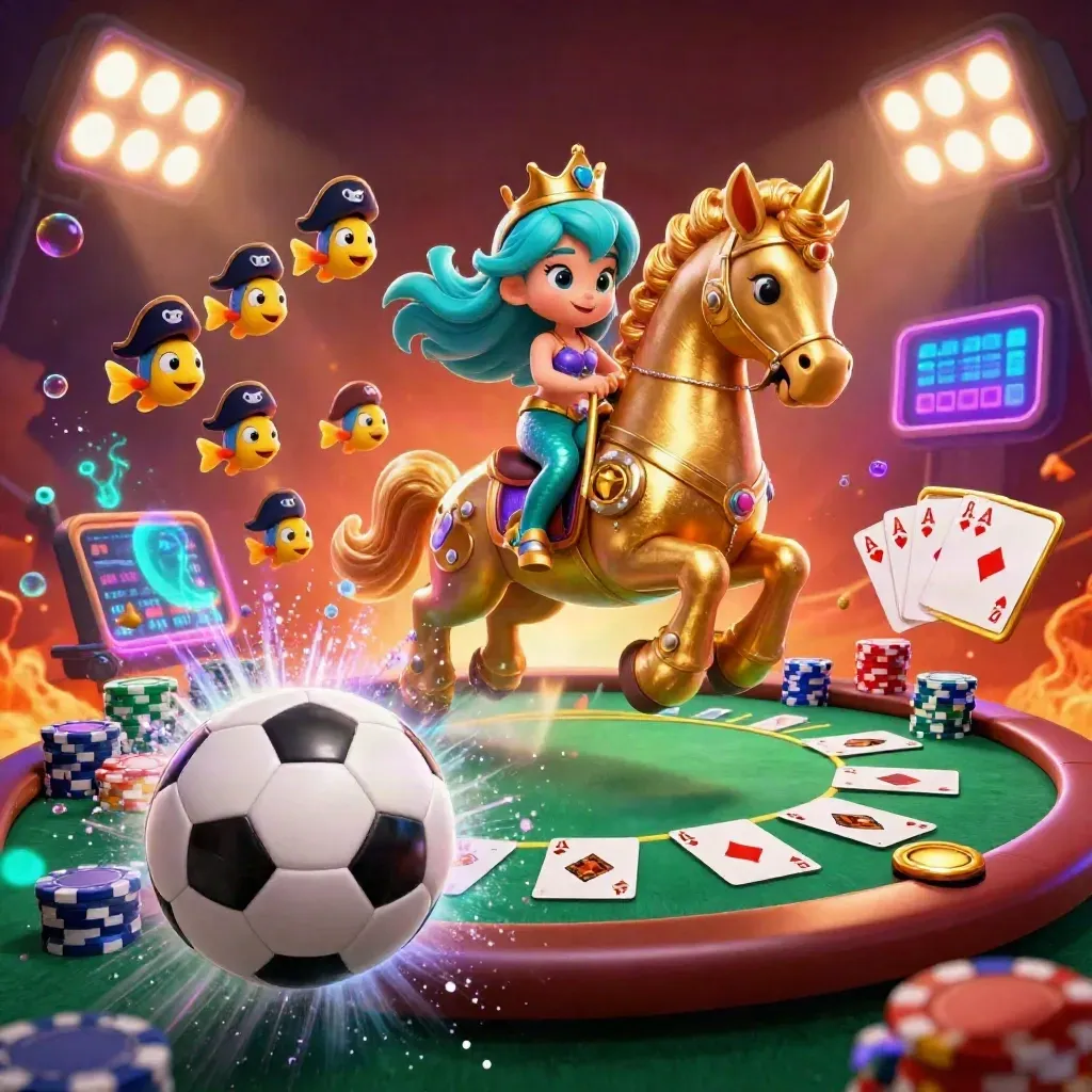 Mermaid princess on armored seahorse, soccer ball burst, chips and cards in neon casino glow