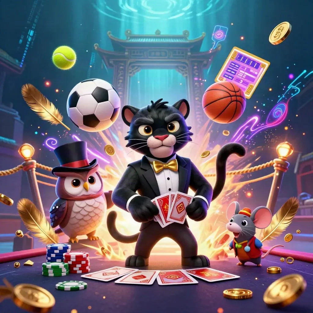 Panther, owl, and mouse with casino chips, coins, and a frozen tennis ball in neon action.