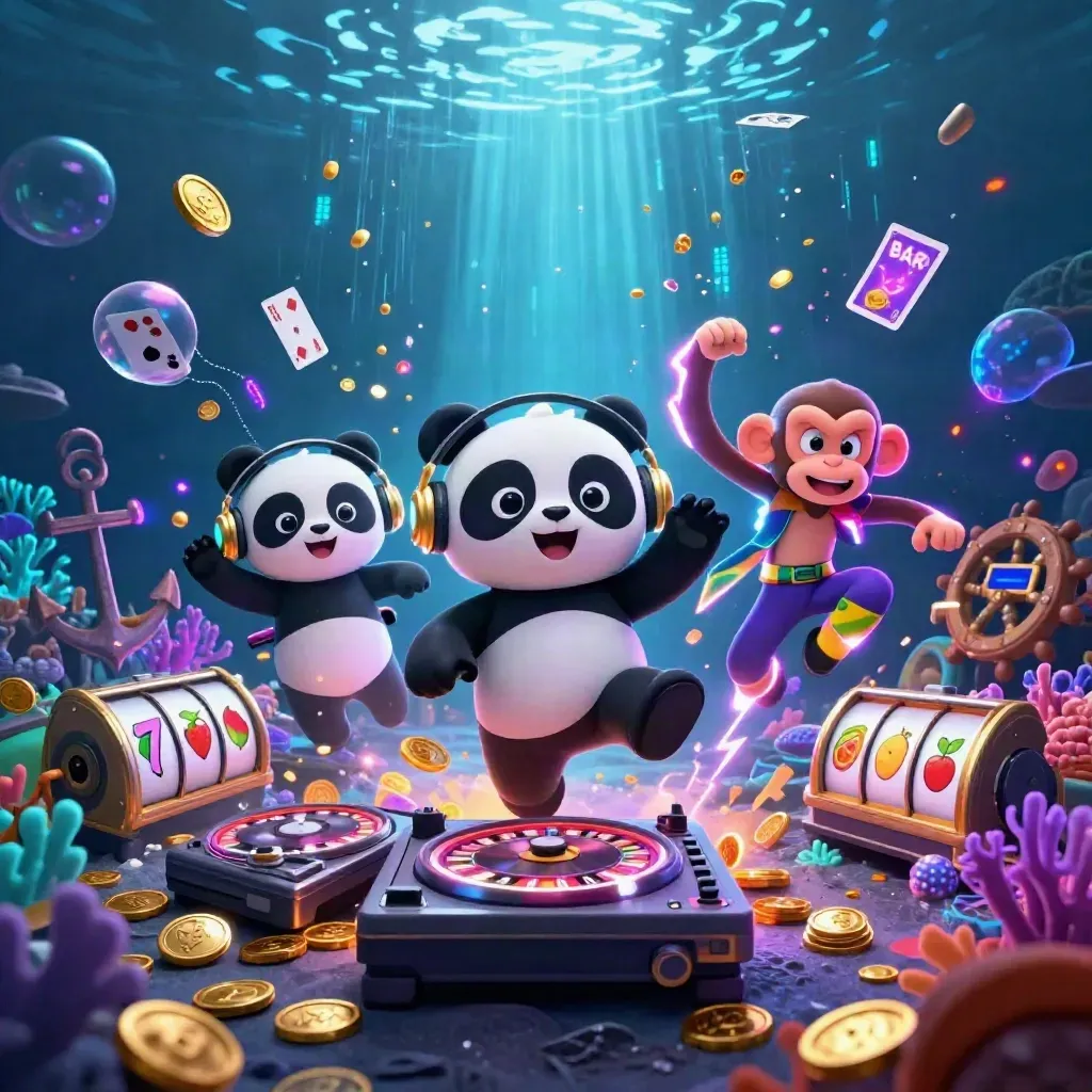 Panda DJ, dancing monkey and glow-stick kitten in a neon underwater casino treasure cove.