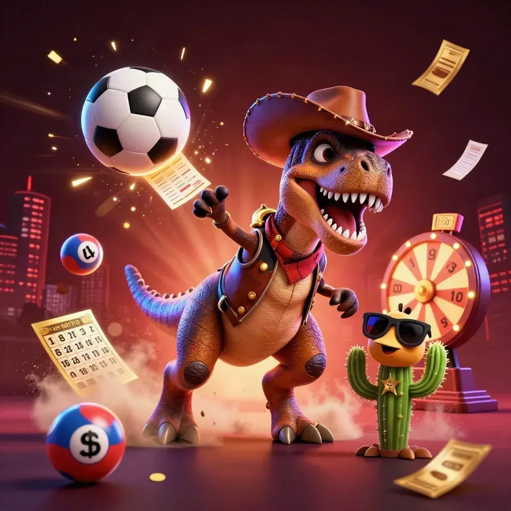 Cowboy T-Rex, cactus, and roadrunner in a glowing casino scene with flying game tokens.