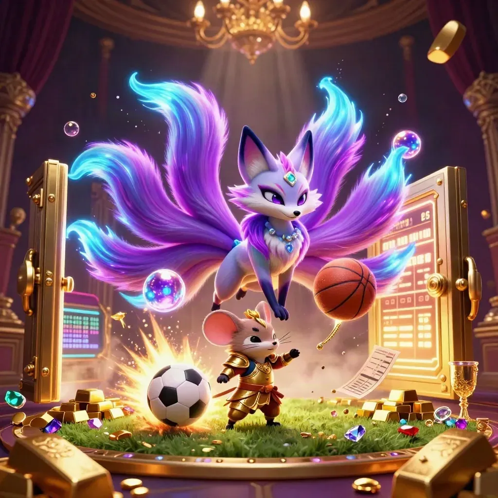 Fox spirit and armored mouse amid exploding gold, gems, sports balls, and glowing casino light.