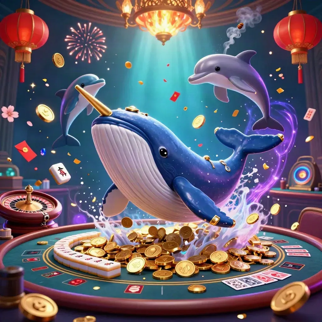 Whale captain, narwhal, and dolphins burst through coin-filled underwater casino glamour.