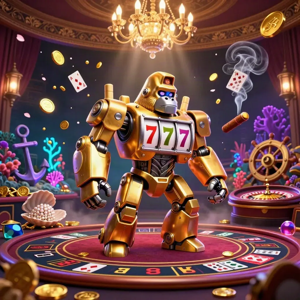 Golden gorilla mech with monkey pilot amid casino treasure cove, chandelier glow, and neon-lit luxury