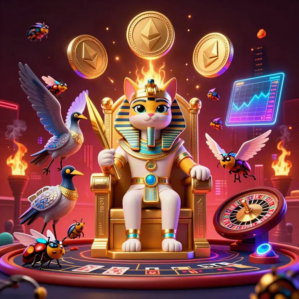 Pharaoh cat on a golden throne with an ibis scribe, gem scarabs, crypto glow, and casino lights.