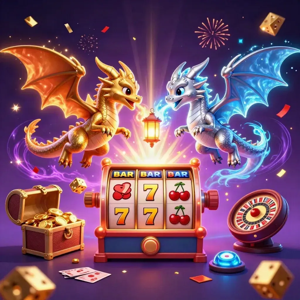 Gold and silver dragons swirl around a glowing slot machine in a neon casino sky.