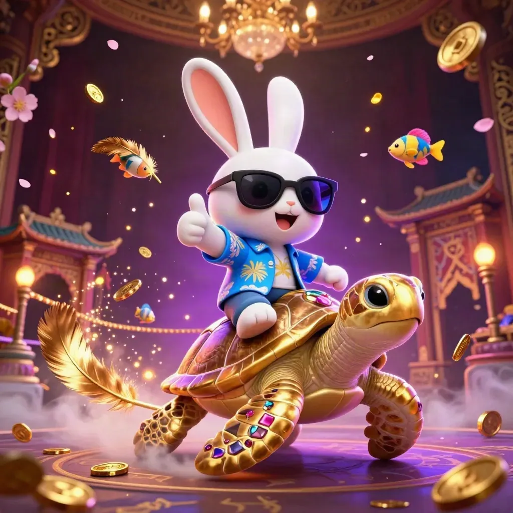 Lucky rabbit rides a golden sea turtle through casino treasure, petals, runes, and neon glow.