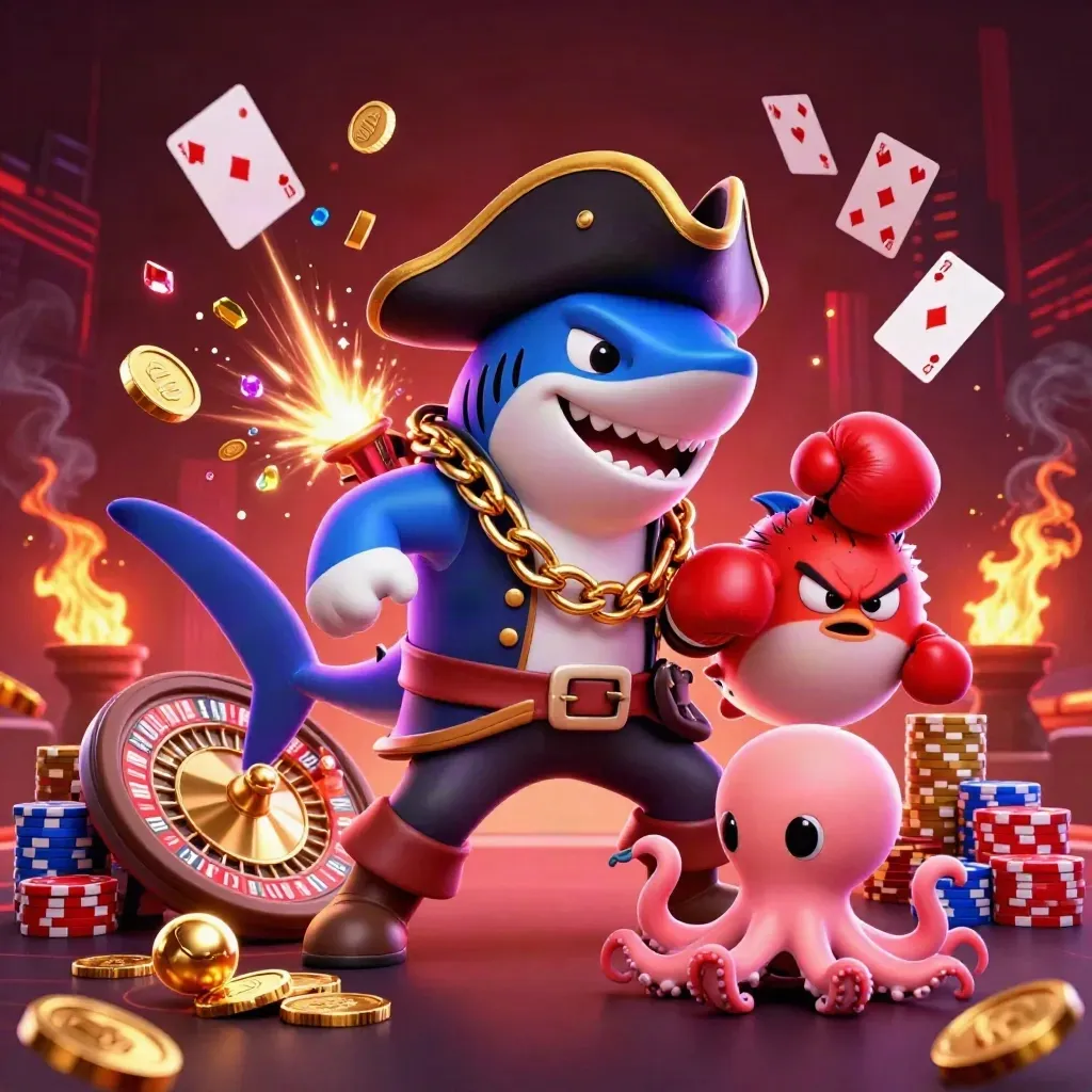 Pirate shark, boxing pufferfish, and coin-juggling octopus amid purple casino treasure bursts.