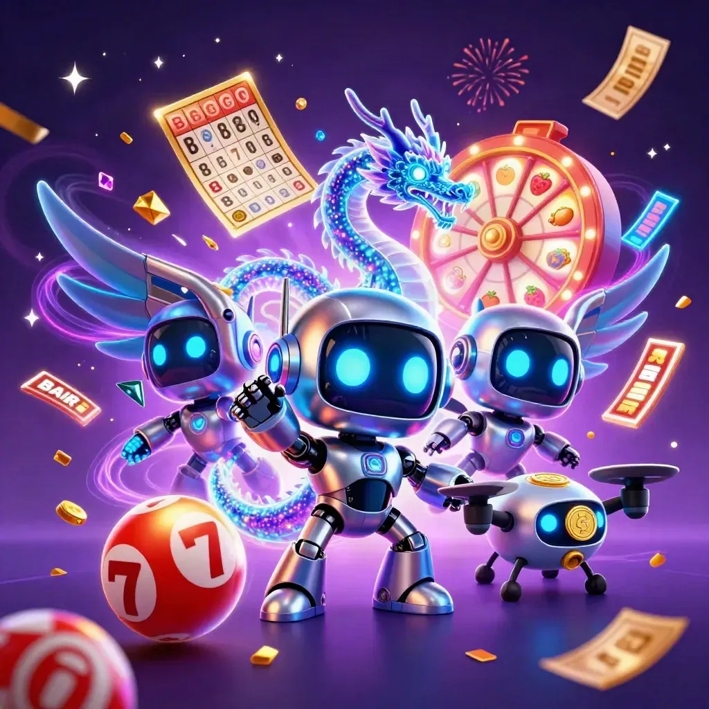 Cyberpunk robot, holographic dragon, and coin drone burst with casino energy and gems.