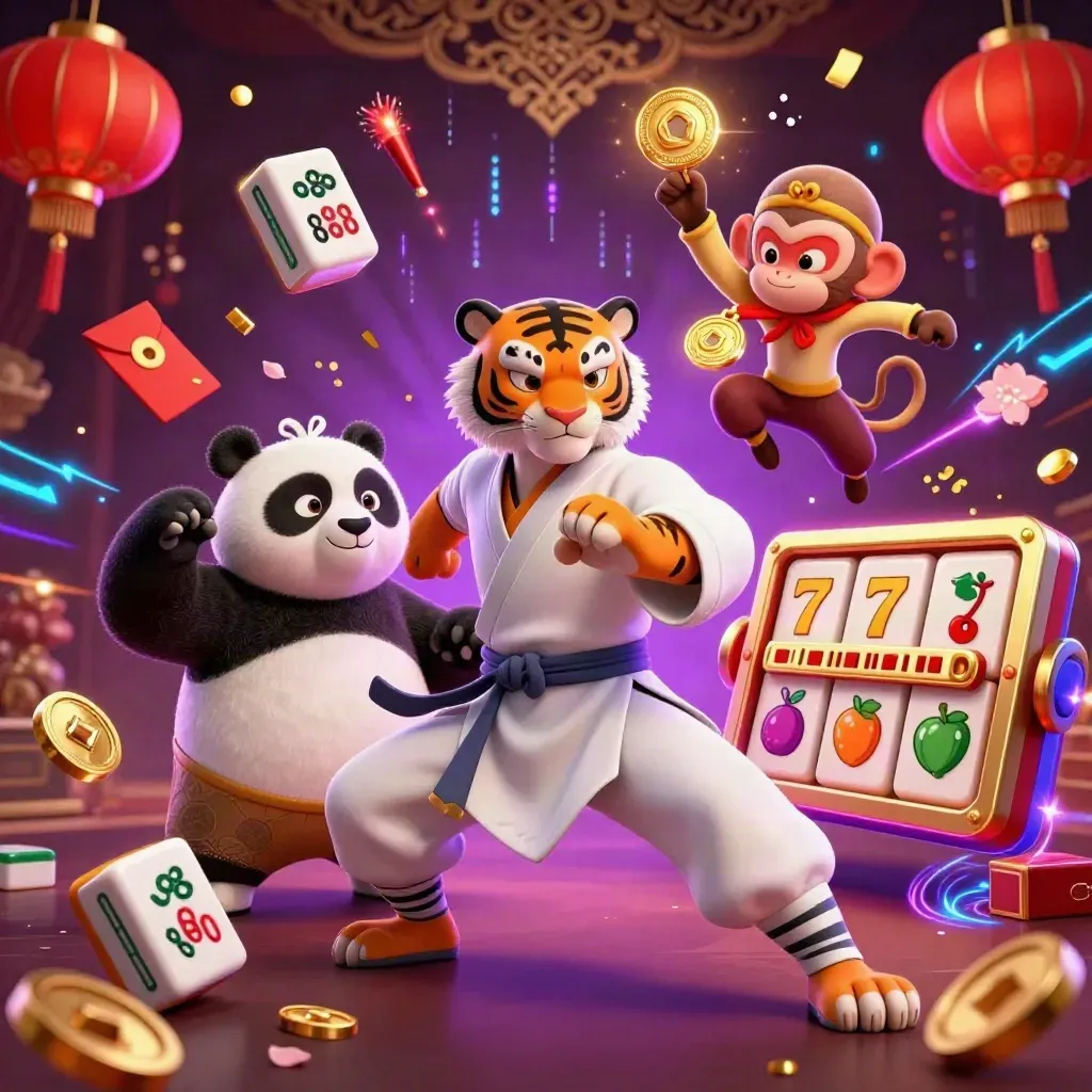 Tiger master, panda disciple, and monkey student amid glowing casino treasures and neon energy