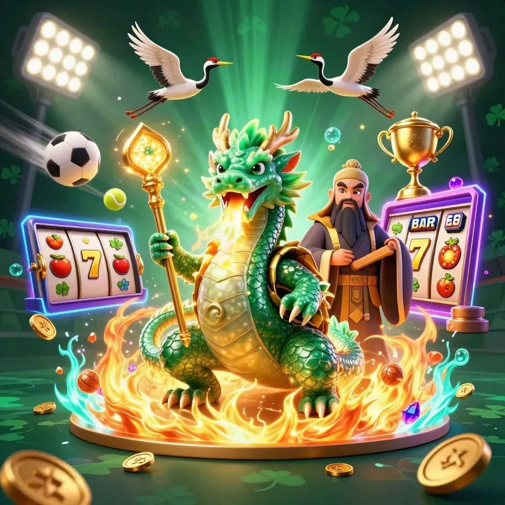 Emerald dragon, turtle sage and cranes amid treasure bursts, sports balls and neon casino glow.