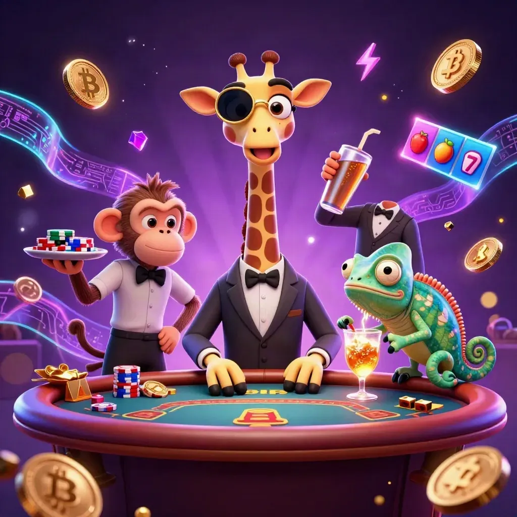 Giraffe high roller, monkey valet, and chameleon bartender in a neon casino burst with crypto coins