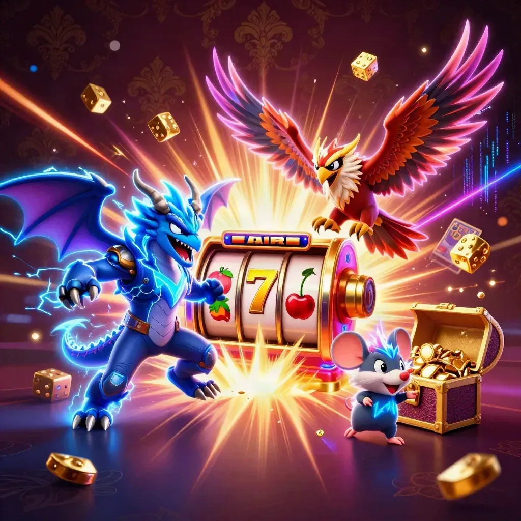 Thunder dragon, wind hawk, and thunder-mouse amid exploding slot reels, coins, and a glowing vault backdrop.