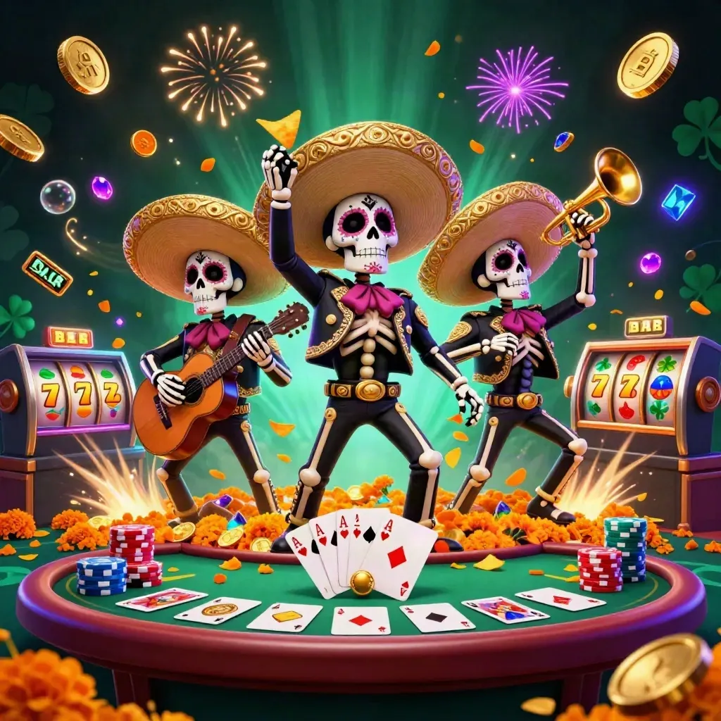 Skeleton mariachi trio amid bursting coins, poker chips, slot reels, fireworks, and glowing casino light.