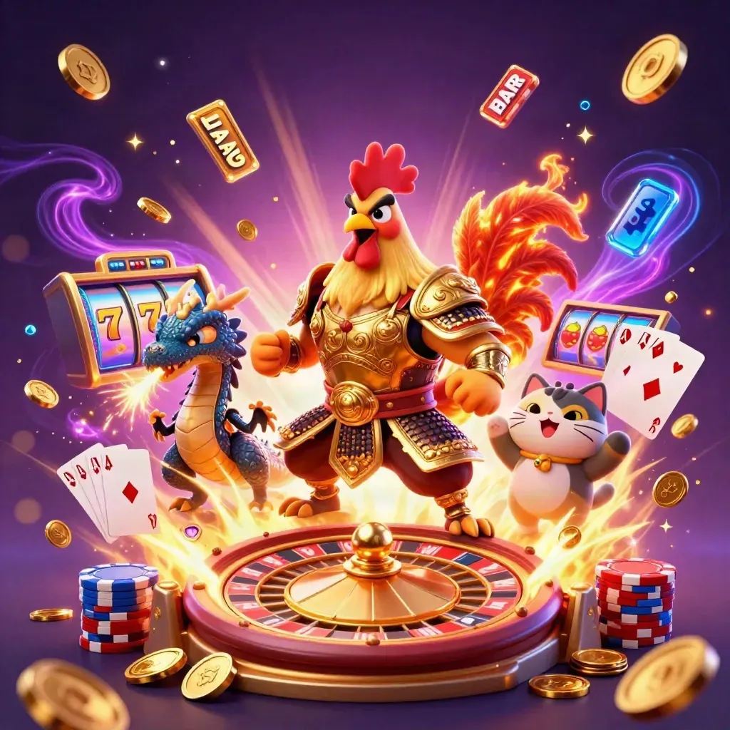 Rooster warrior, dragon hatchling, and fortune cat burst amid coins, chips, cards, and purple-gold glow.