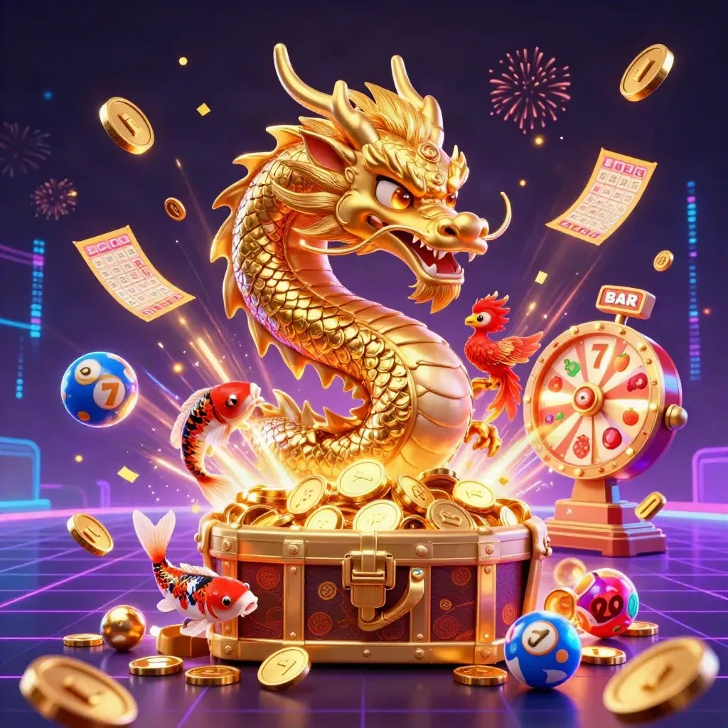 Golden dragon, phoenix, koi and casino rewards bursting in neon casino key art.