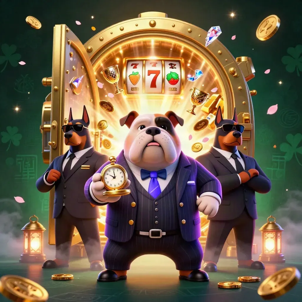 Bulldog mafia boss and two Dobermans burst from a golden vault amid casino treasure and glowing effects
