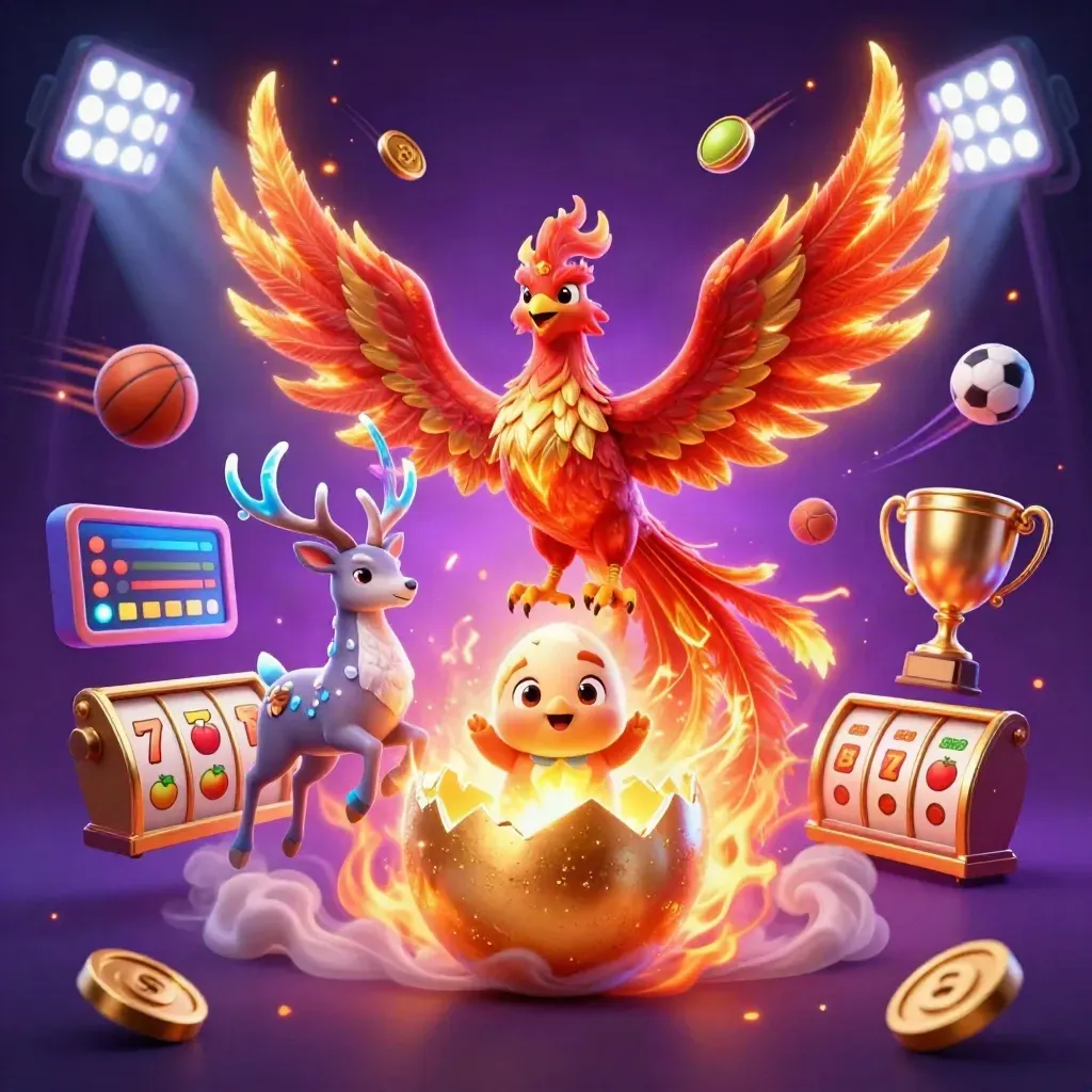 Phoenix, hatching chick, and crystal-antler stag amid casino sparks and sports balls