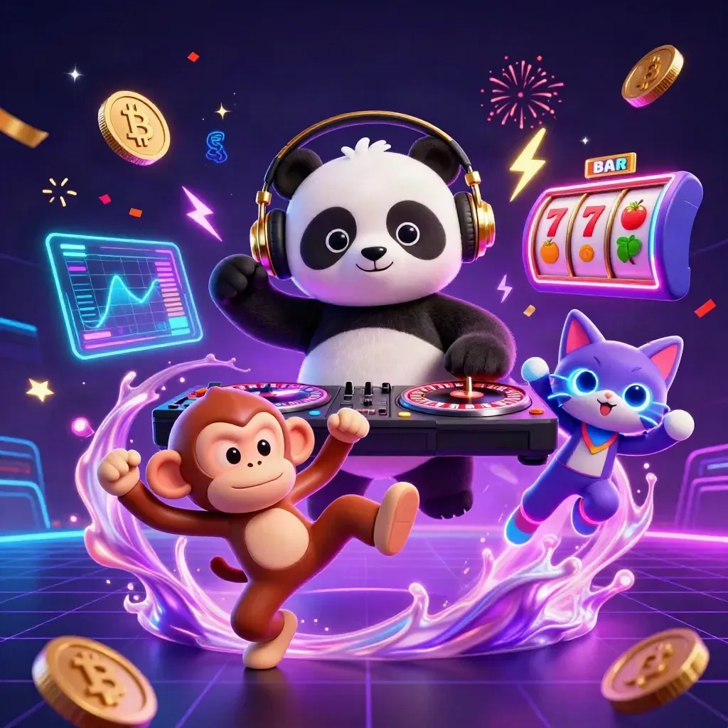 DJ panda, dancing monkey, and glow-stick kitten amid neon coins, reels, lightning, and fireworks