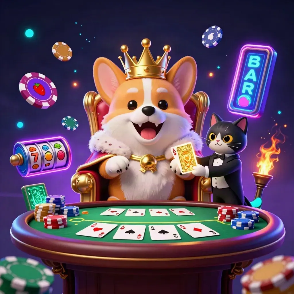Royal corgi and cat butler amid poker chips, slot reels, and glowing casino effects
