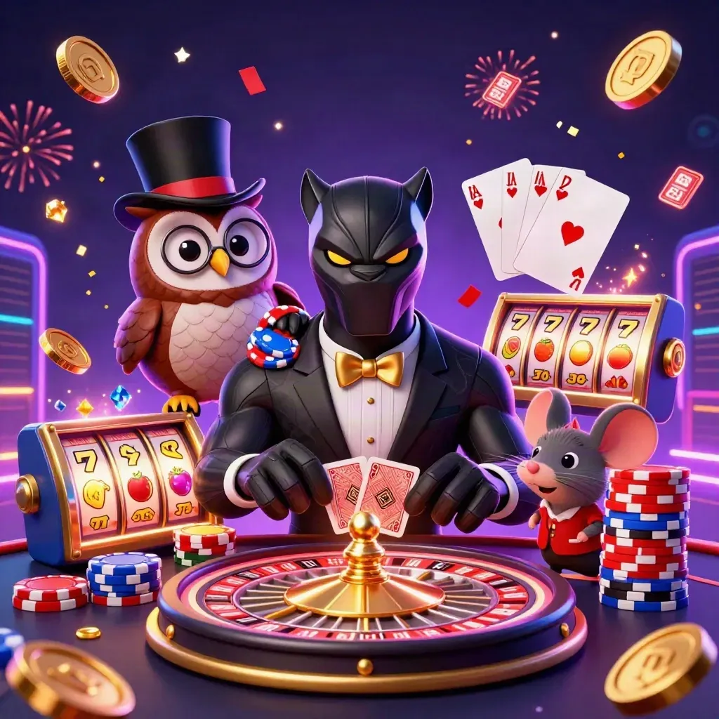 Black panther, owl, and mouse in casino action with chips, cards, roulette, and neon glow