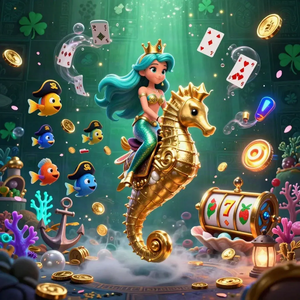 Mermaid princess on a golden seahorse amid pirate fish, coins, coral, and slot symbols in a dark cove