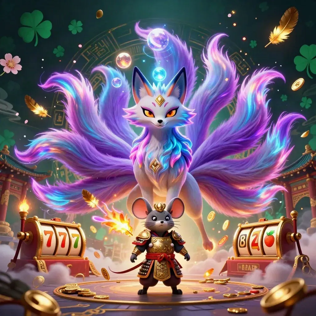 Nine-tailed fox spirit and armored mouse amid slot symbols, temple gate, coins, and glowing magic.