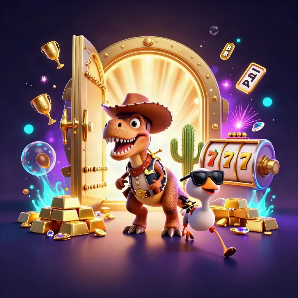 Cowboy T-Rex, cactus sidekick, and sheriff roadrunner amid a glowing gold vault and slot symbols.