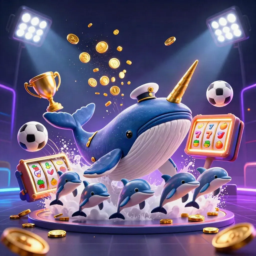 Whale captain, narwhal, dolphins, coins, slot reels, and neon casino effects in a dark premium splash scene.