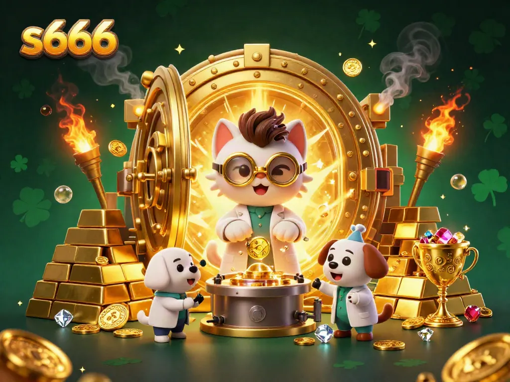 Experience exciting wins on s666 with a lively illustration of a cartoon scientist and assistant crafting gold!