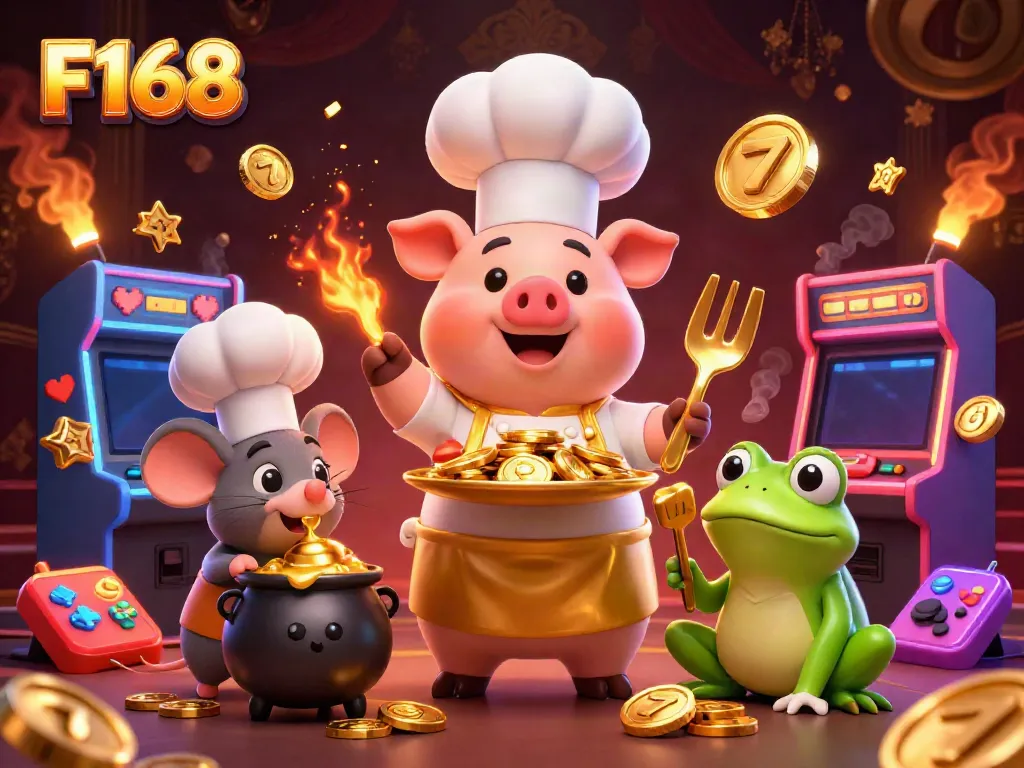 Experience the dynamic F168 gaming scene with chef pig, mouse, and frog amidst gold coins and slot machines.