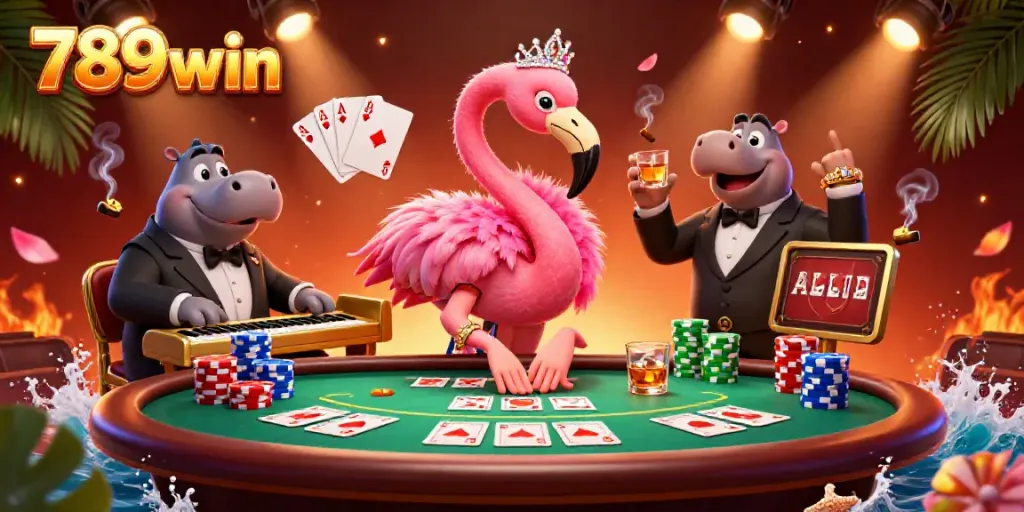 Join the excitement at 789win with a vibrant casino scene featuring animated characters and poker elements.
