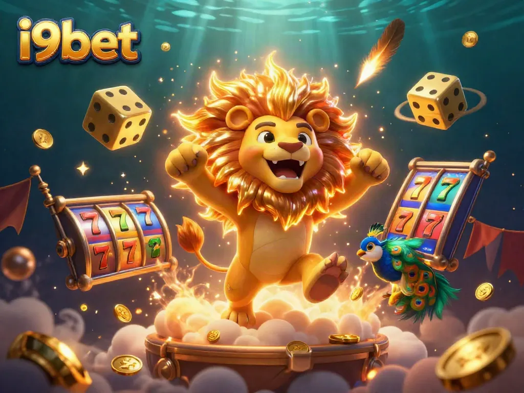 Experience thrilling gameplay at i9bet with a stunning illustration of a roaring sun lion, slot machines, and gold coins.
