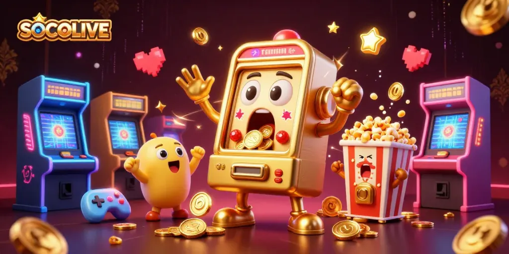 SOCOLIVE celebrates big wins as a golden slot machine hits the jackpot amidst vibrant casino elements.