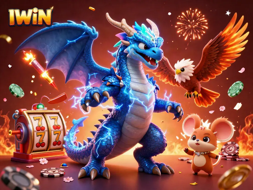 IWIN shines in a colorful casino scene with thunder dragon, hawk, and vibrant slot reels.