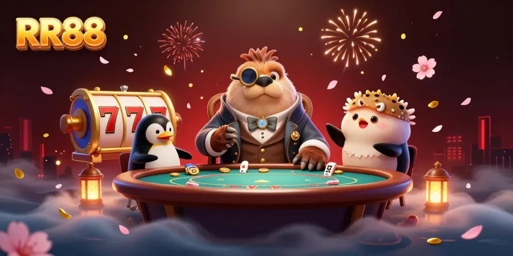 Experience thrilling gambling at RR88 with an underwater poker scene featuring unique characters and festive elements.