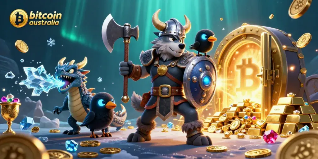 Engage in the excitement of bitcoin casino australia with 3D animated characters and treasure elements capturing the thrill of crypto gambling.