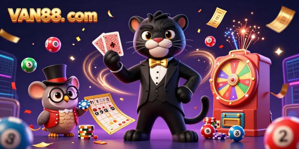 Engage with the energetic scene of VAN88. com featuring a stylish black panther dealer surrounded by gambling elements.