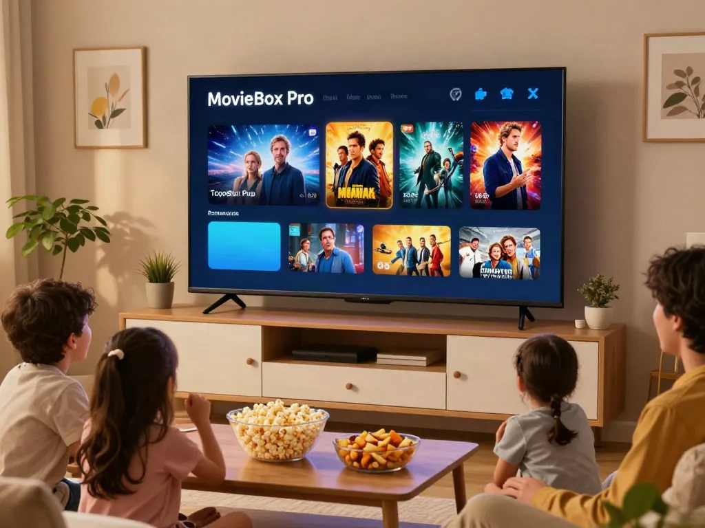 Family enjoying mymovieboxproapp.com on a large TV with snacks and cozy furniture.